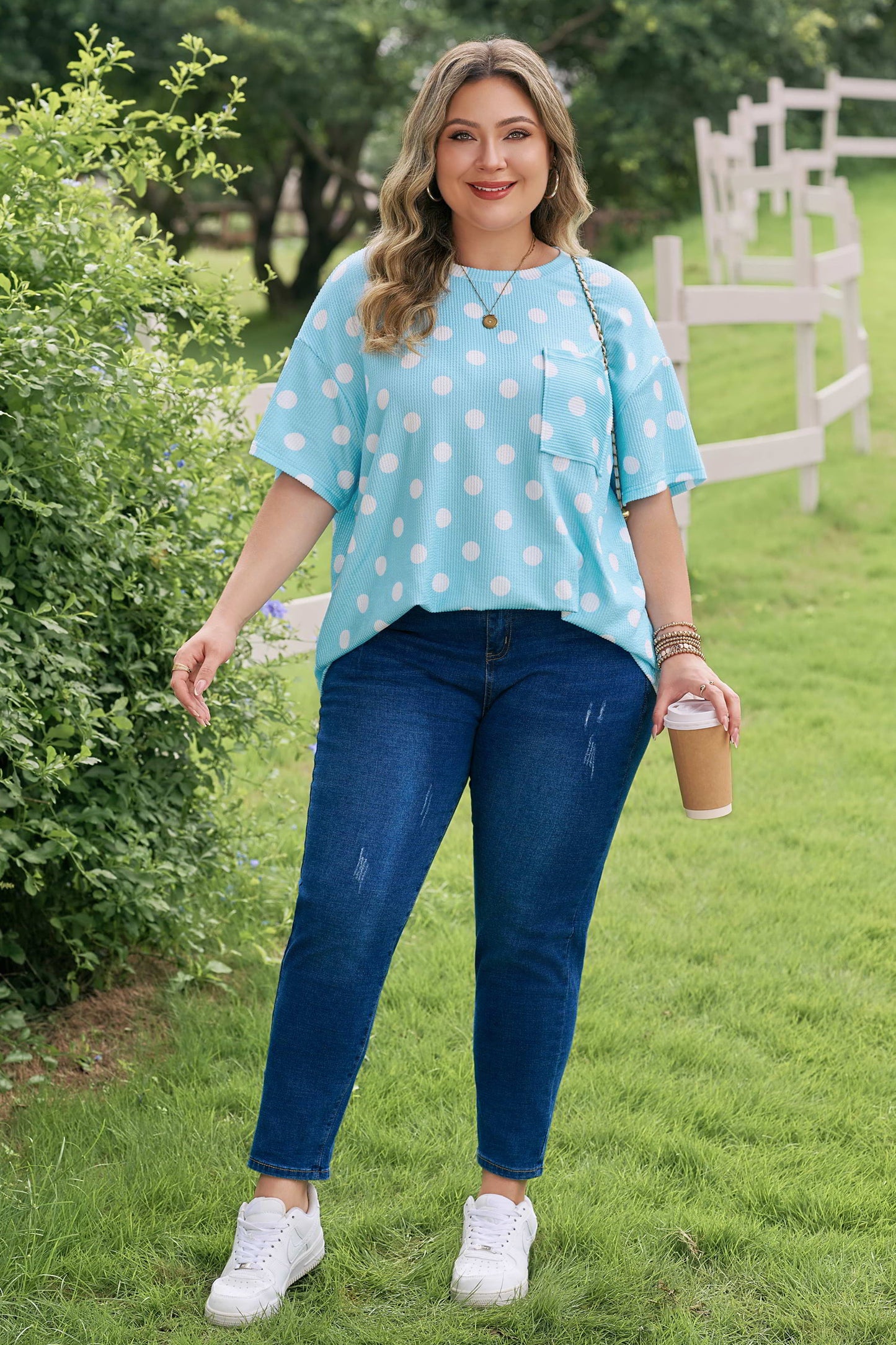 Sky Blue Twisted Rib Polka Dot Print Plus Size T Shirt