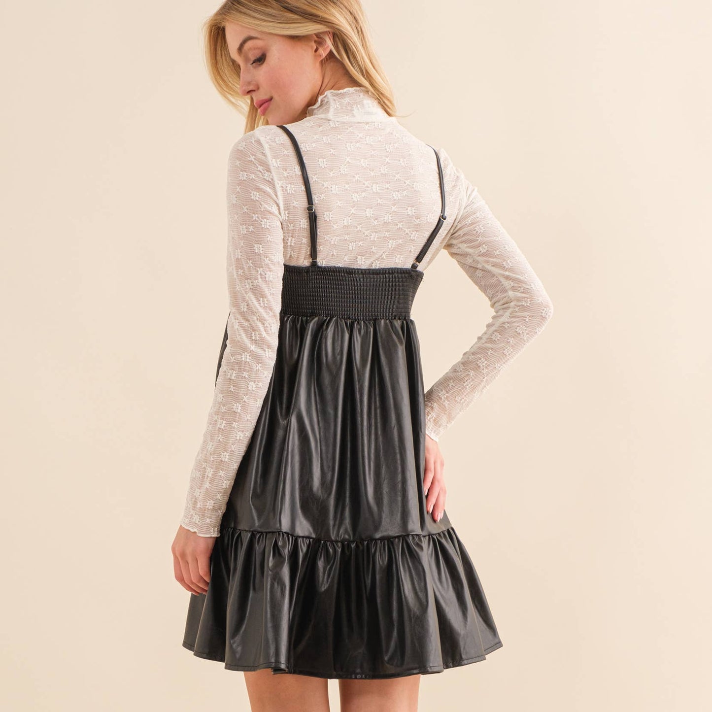 LEATHER MINI DRESS-HYD0055: Black