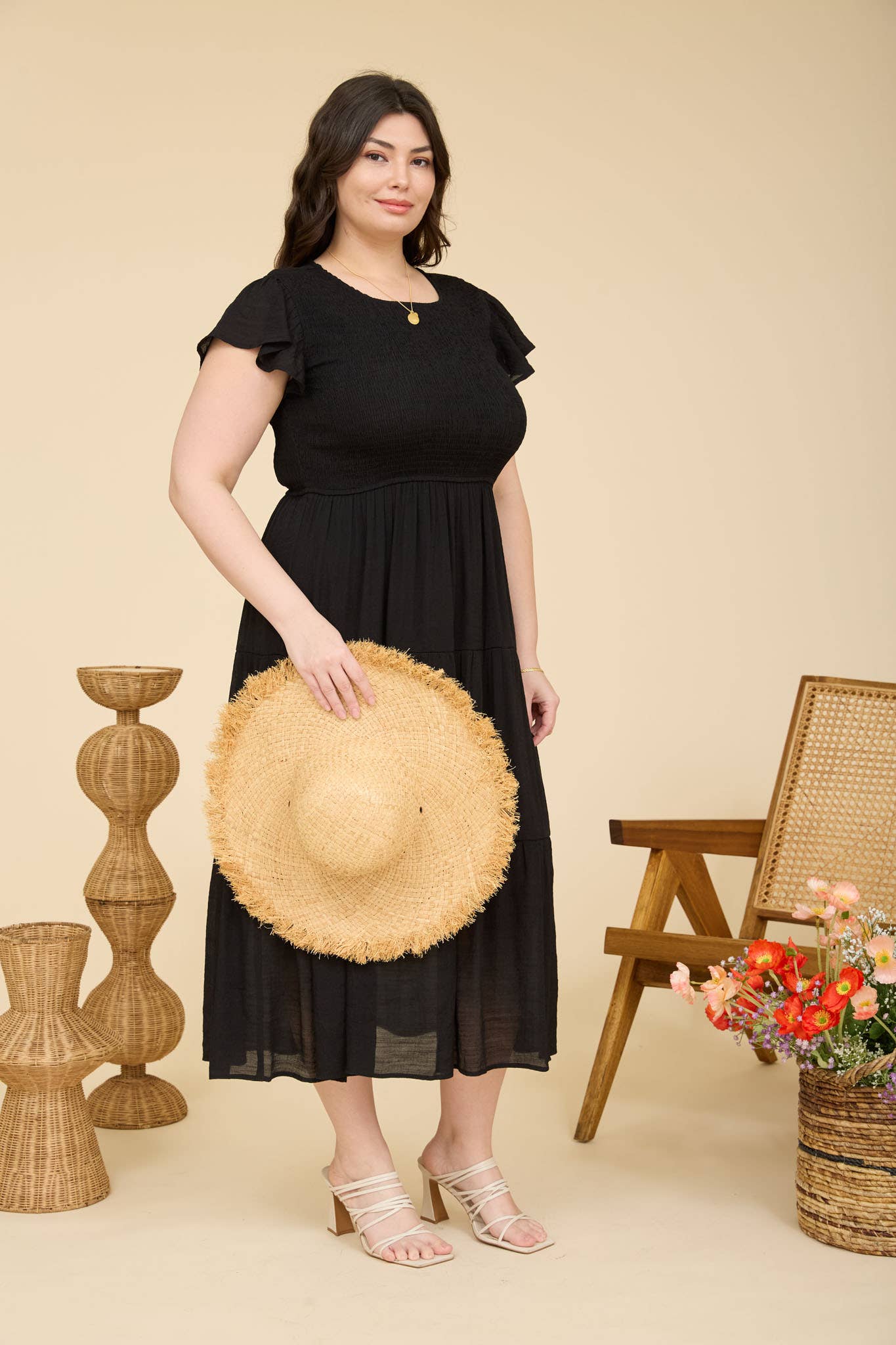 PLUS TIERED SMOCKED SHORT SLEEVE MIDI DRESS