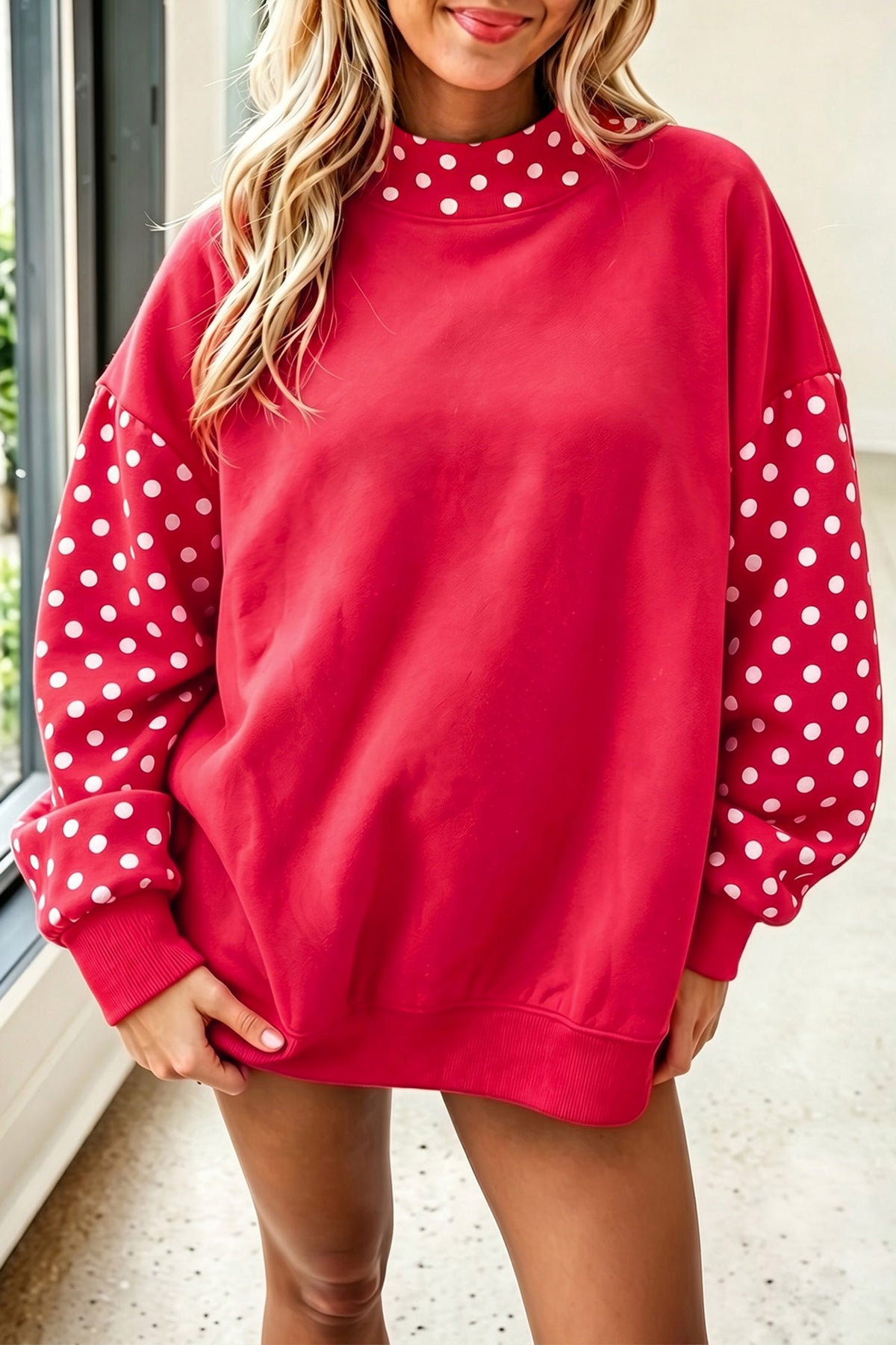 Navy Blue Polka Dot Contrast Round Neck Long Sleeve Baggy Sweatshirt