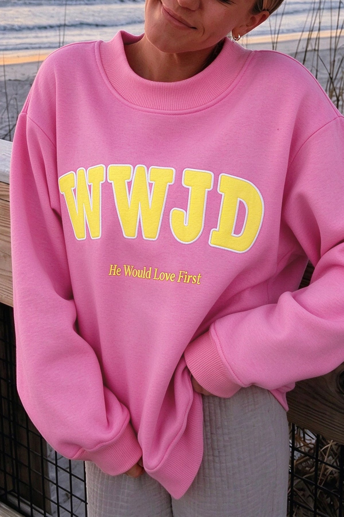 Yellow WWJD Embroidered Trim Slogan Graphic Crewneck Pullover Sweatshirt