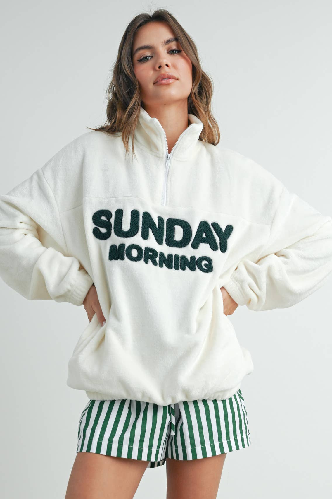 Sunday Morning Half-Zip Pullover Sweatshirt - BMT7579: IVORY / OLIVE / S
