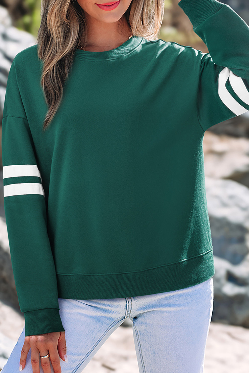 Dark Grey Varsity Striped Detail Drop Shoulder Oversized Sweatshirt
