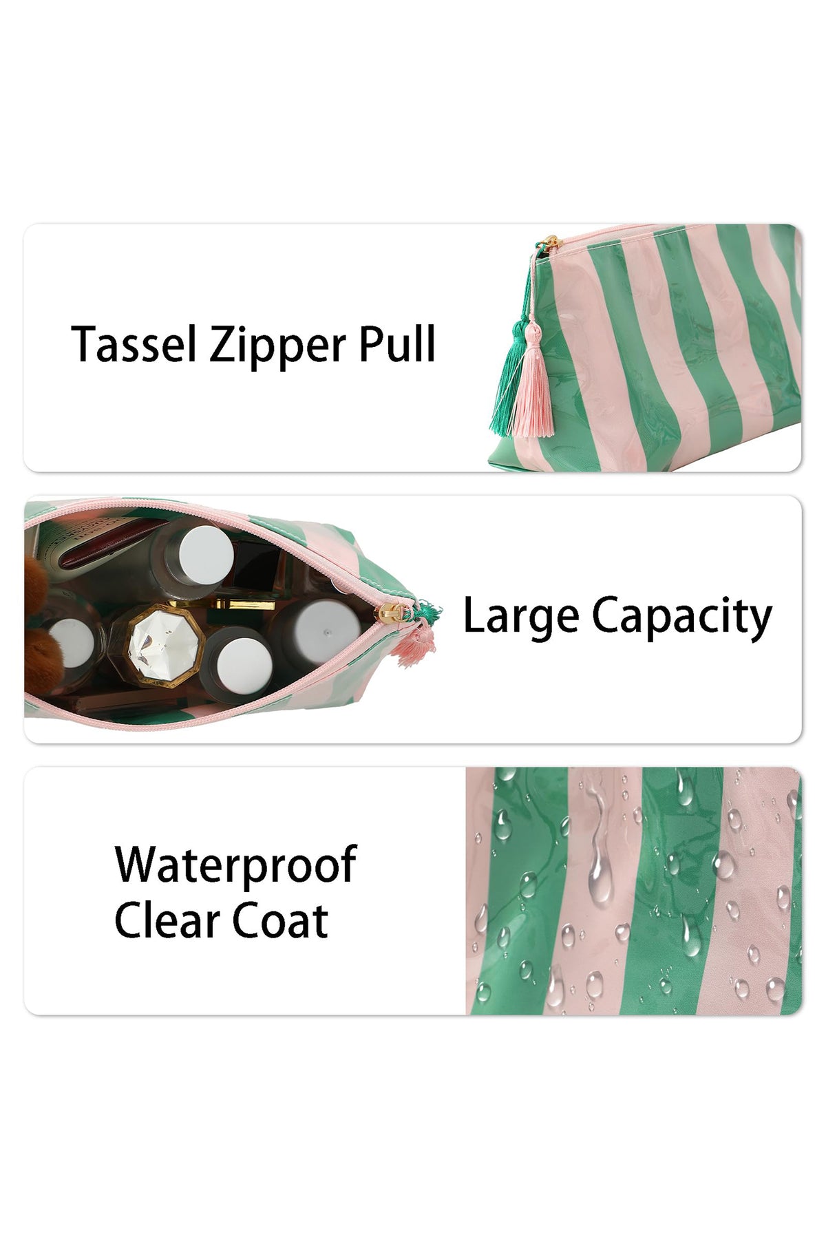 Dark Green Striped Vinyl Waterproof Tassel Zipper Makeup Bag