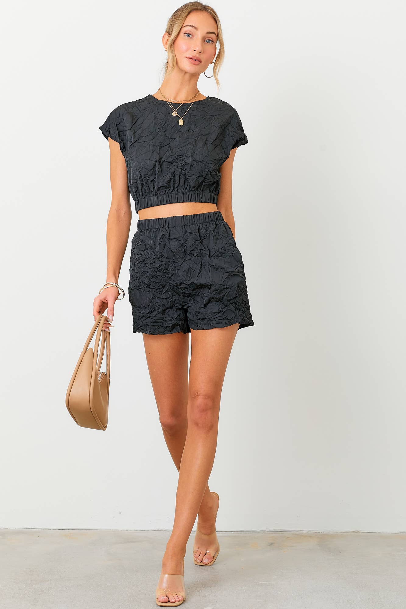 Crinkle Crop Top and Shorts Set: BLACK / S