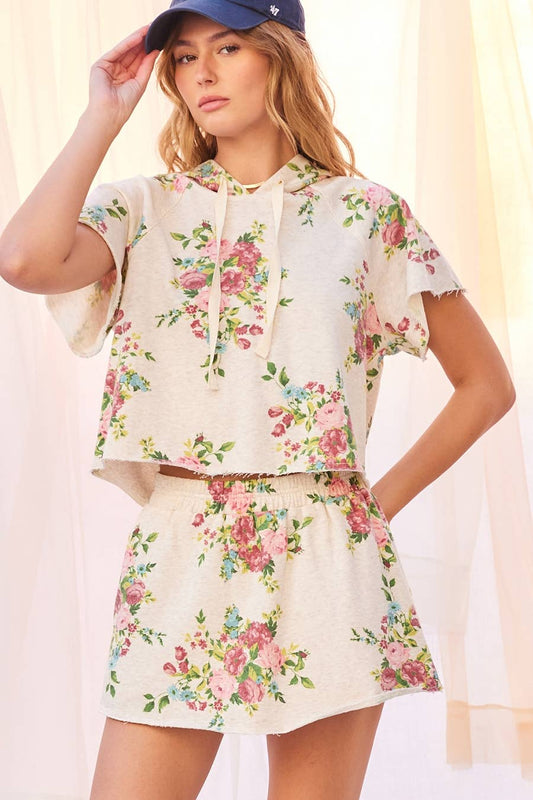 Floral Printed Cotton Terry Hoodie