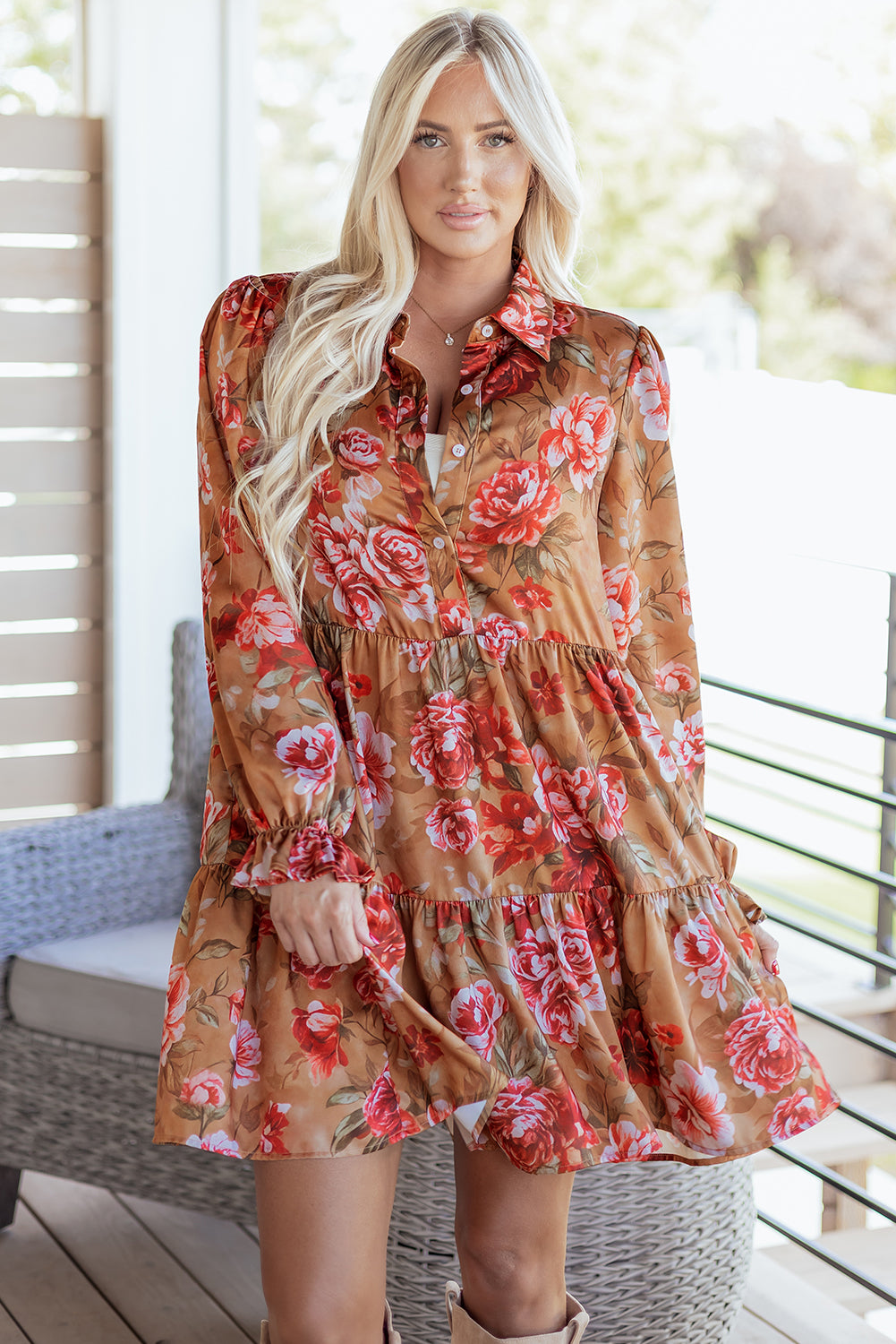 Women's Brown Vintage Floral Print Shirt Dress with Long Sleeves
