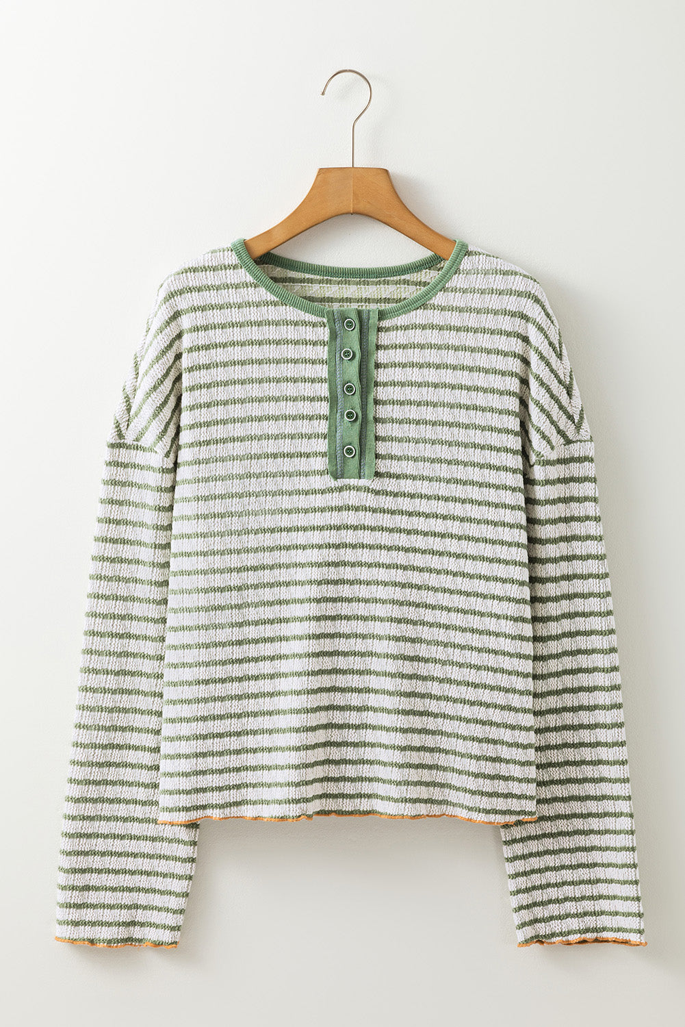 Brown Stripe Textured Frilly Trim Buttons Henley Long Sleeve Top