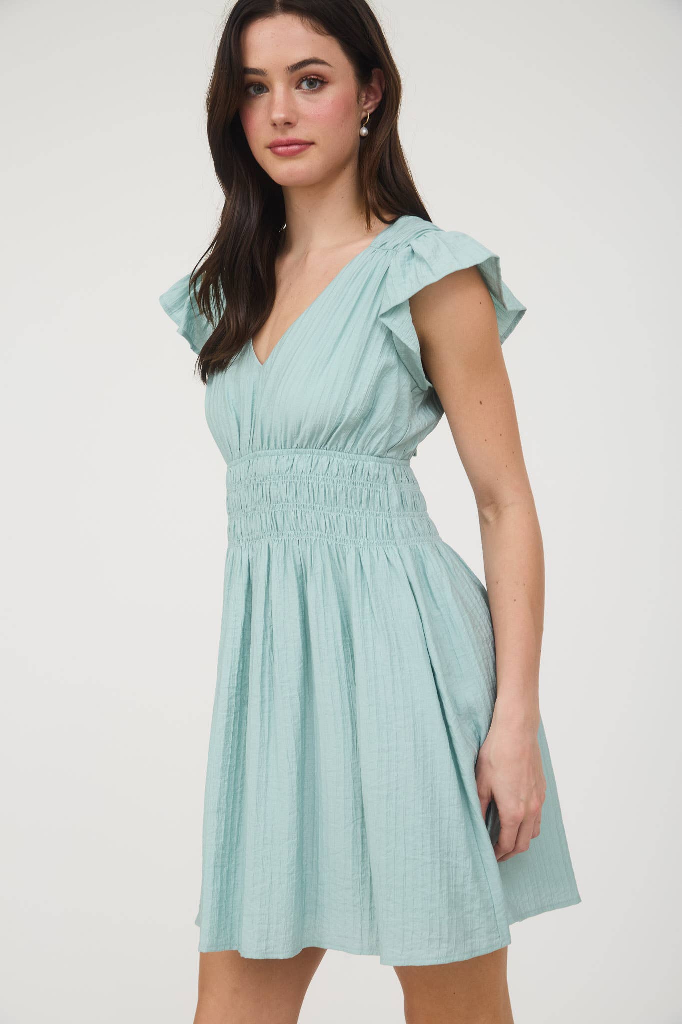 V NECK SHIRRED WAIST RUFFLE SLEEVE MINI DRESS