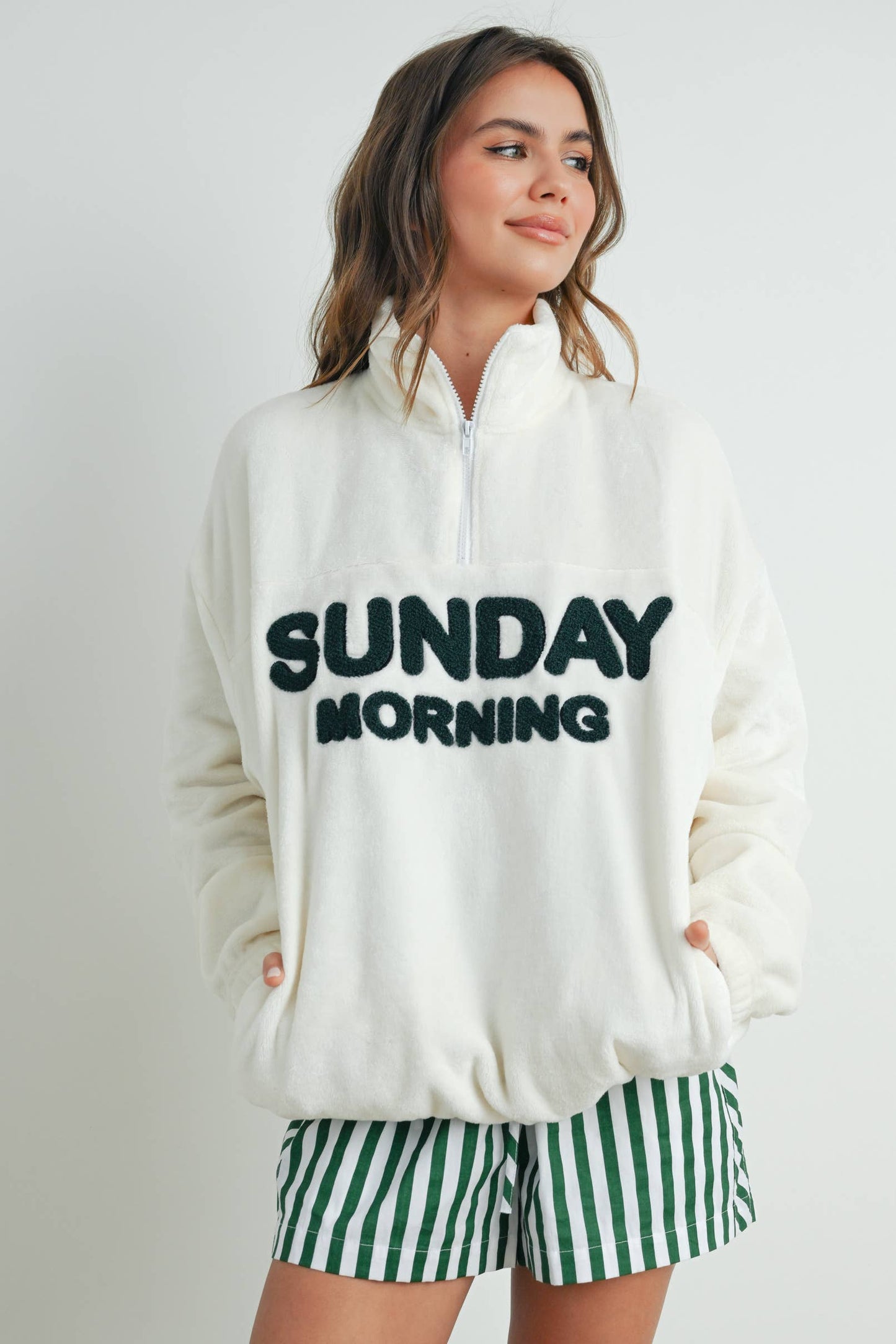 Sunday Morning Half-Zip Pullover Sweatshirt - BMT7579: IVORY / OLIVE / S