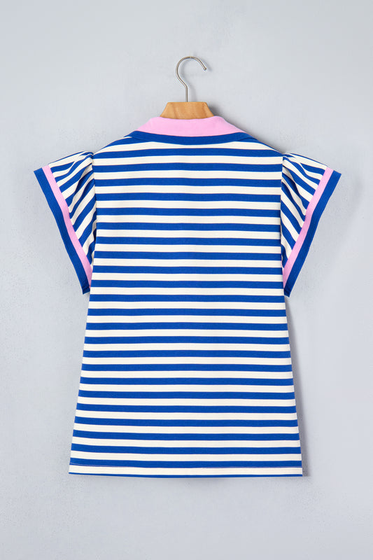 Rose Stripe Contrast Trim Polo Collar Ruffled Short Sleeve Blouse