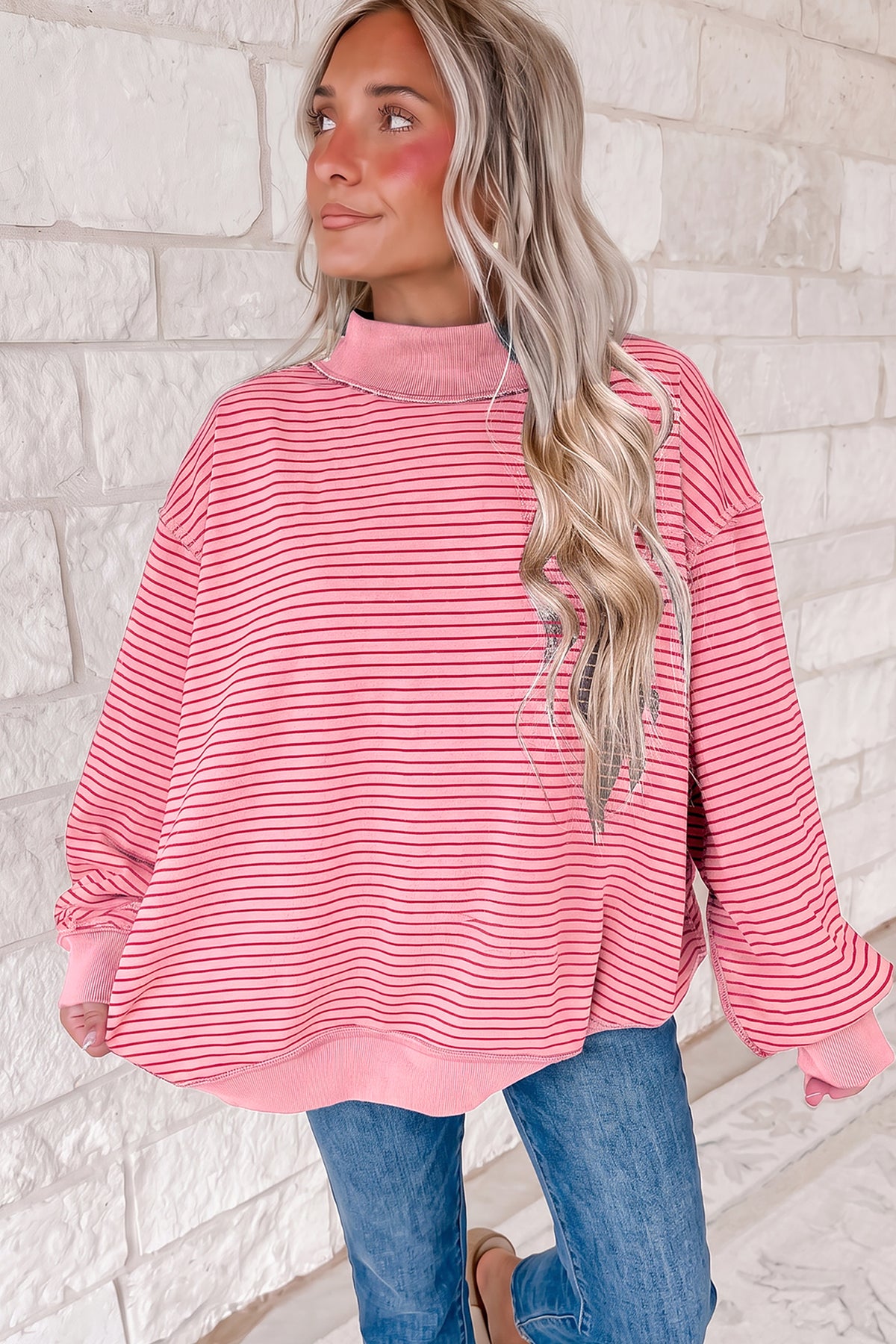 Khaki Stripe Ribbed Color Block Mock Neck Oversized Sweatshirt