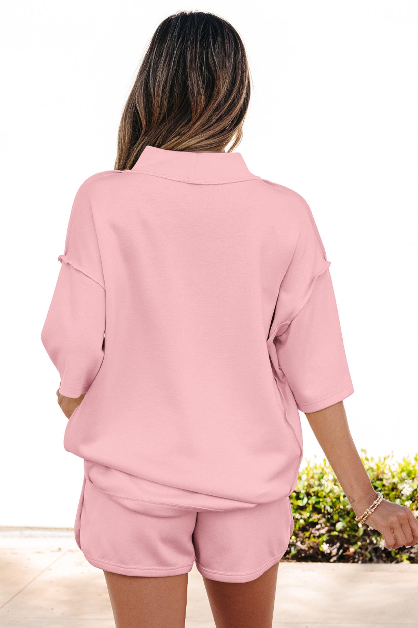 Moonlight Jade Solid Color Exposed Seam Mock Neck Oversize Tee Casual Shorts 2pcs Outfit