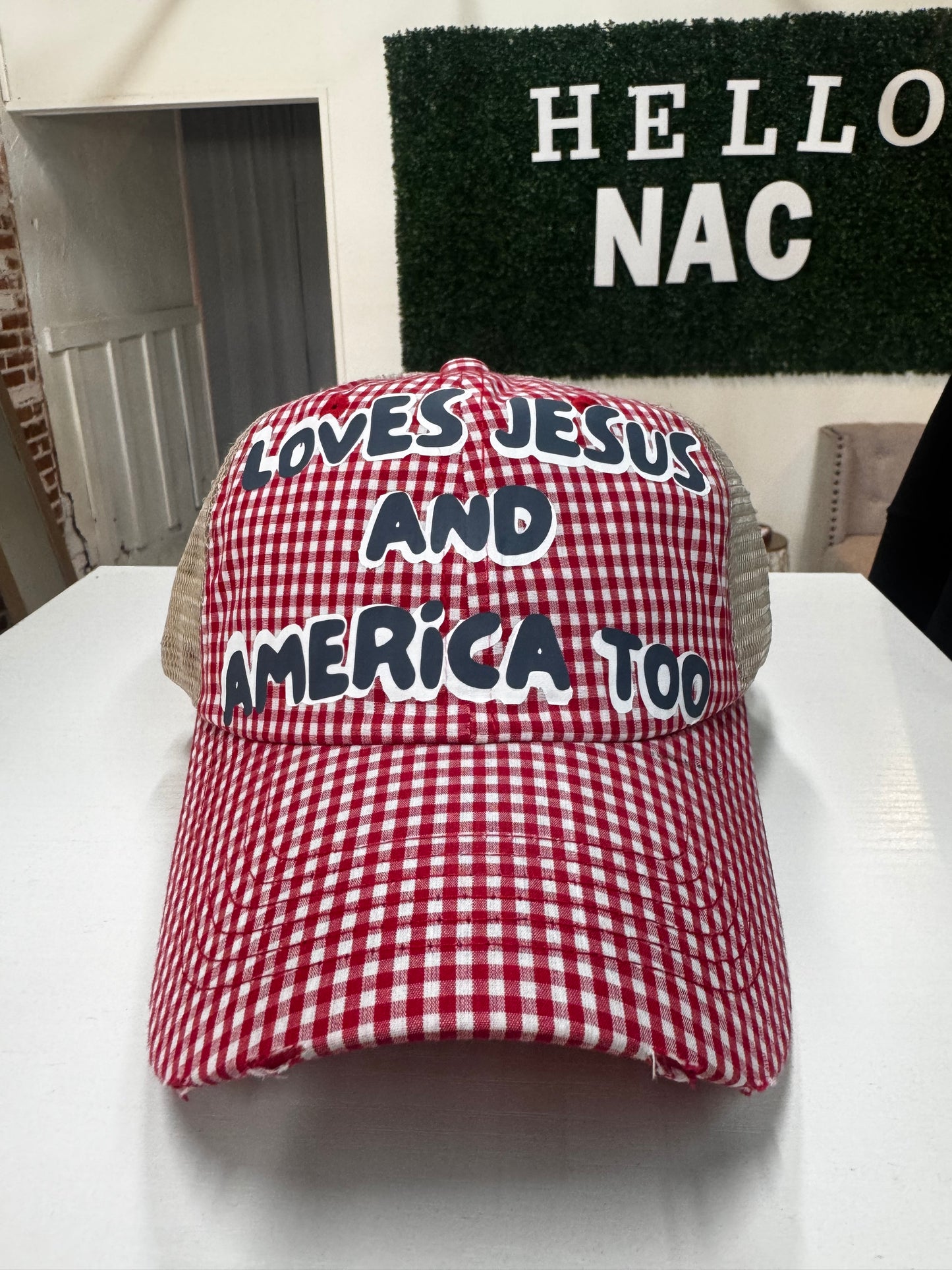 Love Jesus and America too Gingham Hat