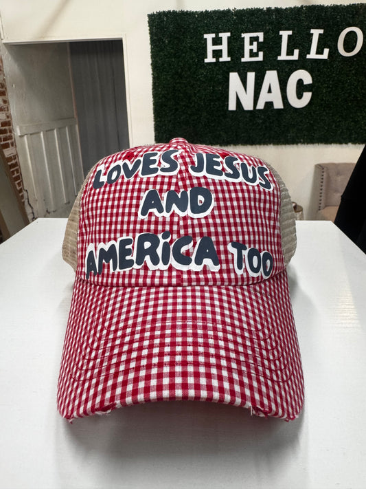 Love Jesus and America too Gingham Hat