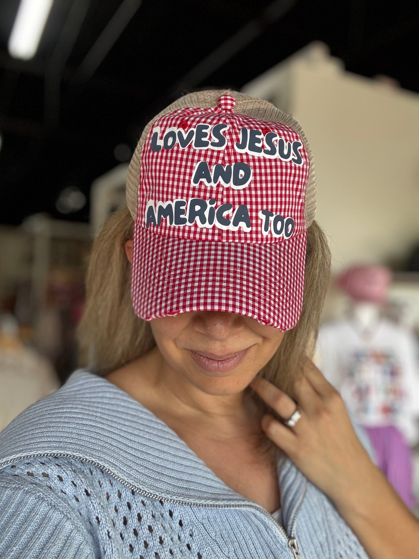 Love Jesus and America too Gingham Hat