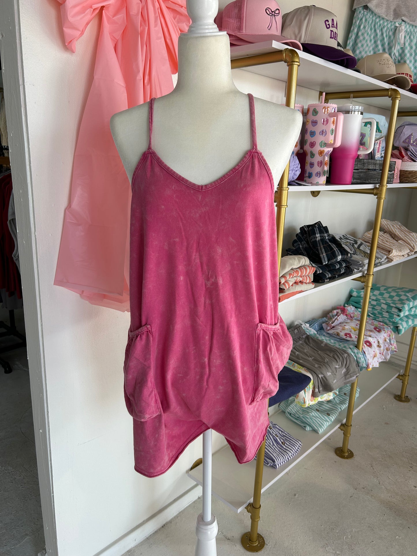 Pink and blue tank romper