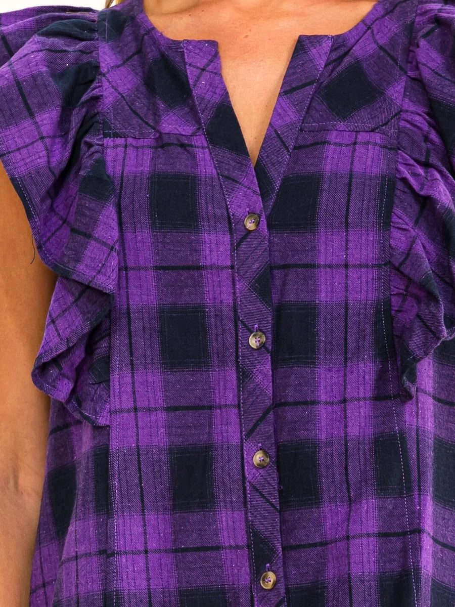 RUFFLE SLEEVE BUTTON UP FRONT POCKETS PURPLE PLAID MINI DRESS