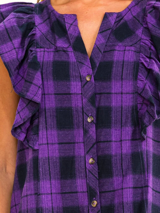 RUFFLE SLEEVE BUTTON UP FRONT POCKETS PURPLE PLAID MINI DRESS