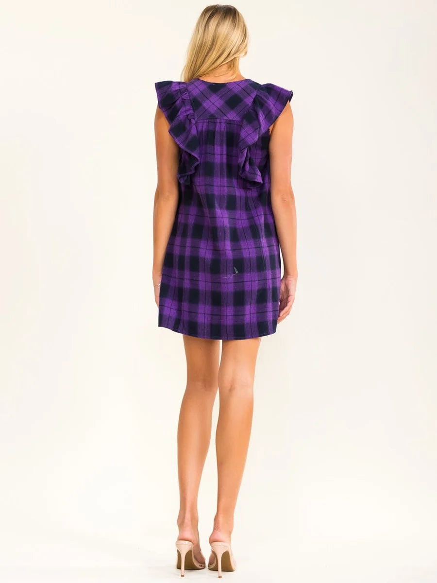 RUFFLE SLEEVE BUTTON UP FRONT POCKETS PURPLE PLAID MINI DRESS