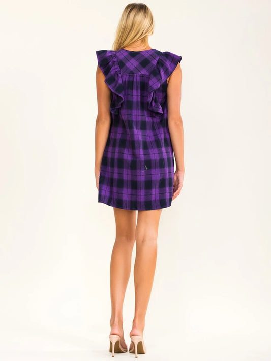 RUFFLE SLEEVE BUTTON UP FRONT POCKETS PURPLE PLAID MINI DRESS