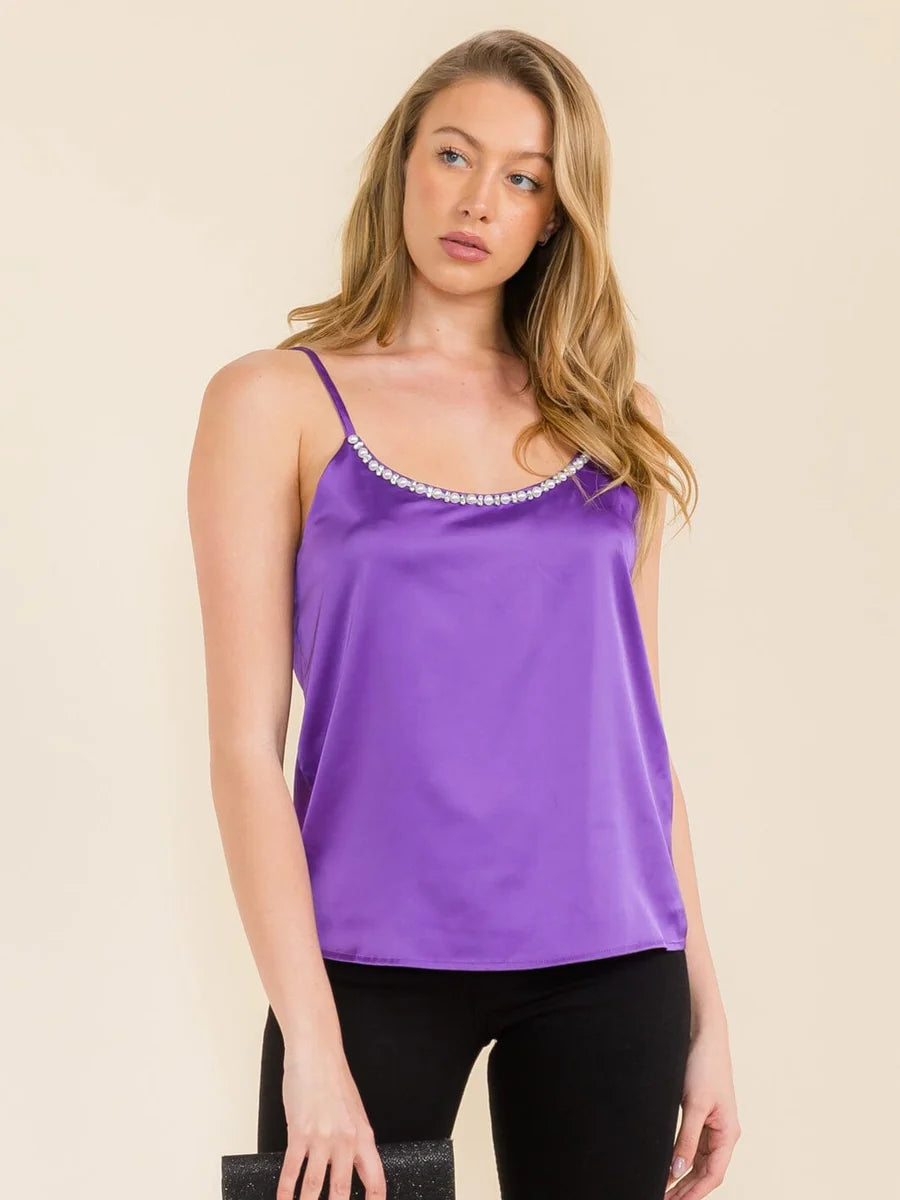SLEEVELESS PEARL & RHINESTONE TRIM DETAIL SATIN TANK TOP