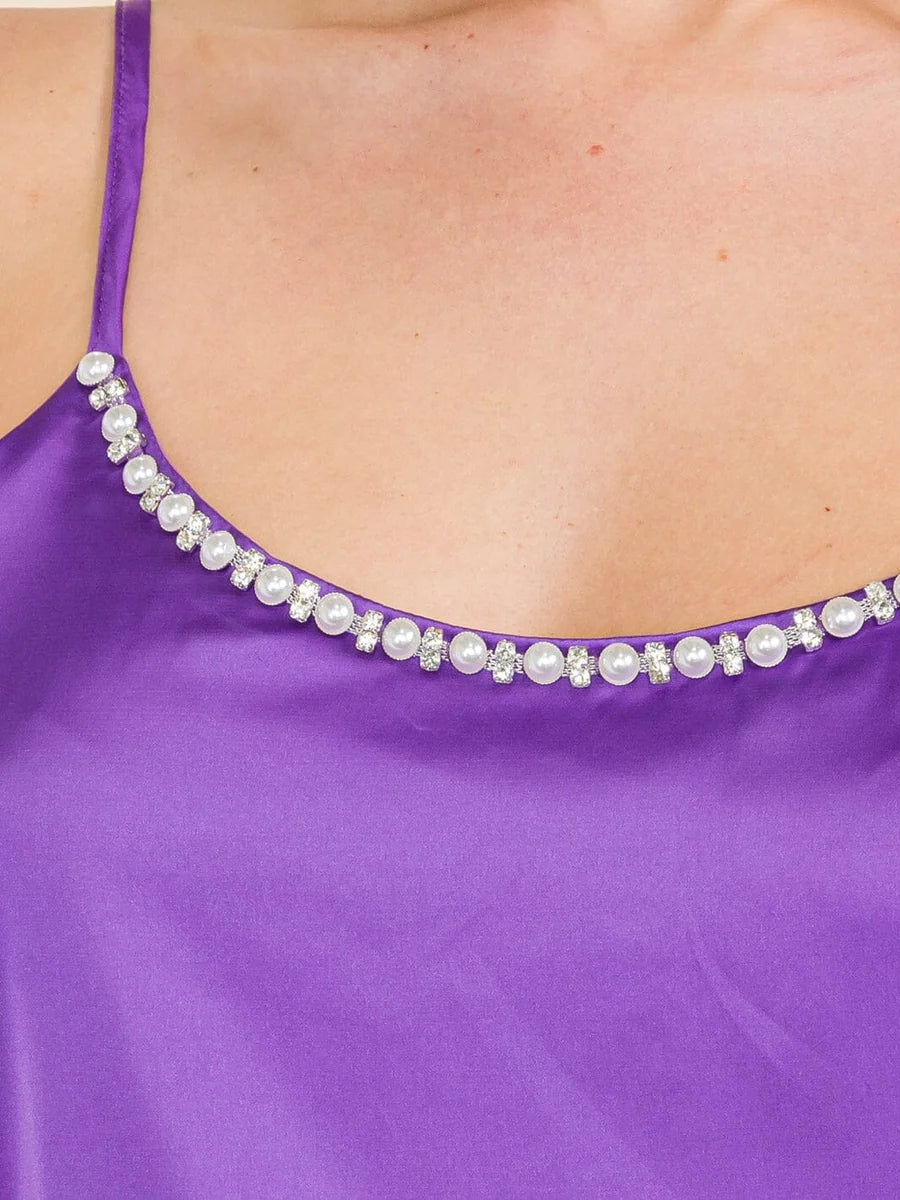 SLEEVELESS PEARL & RHINESTONE TRIM DETAIL SATIN TANK TOP