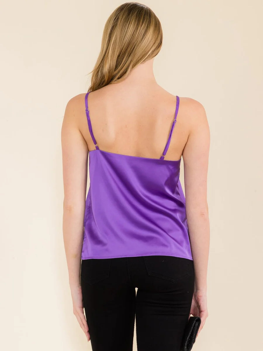 SLEEVELESS PEARL & RHINESTONE TRIM DETAIL SATIN TANK TOP