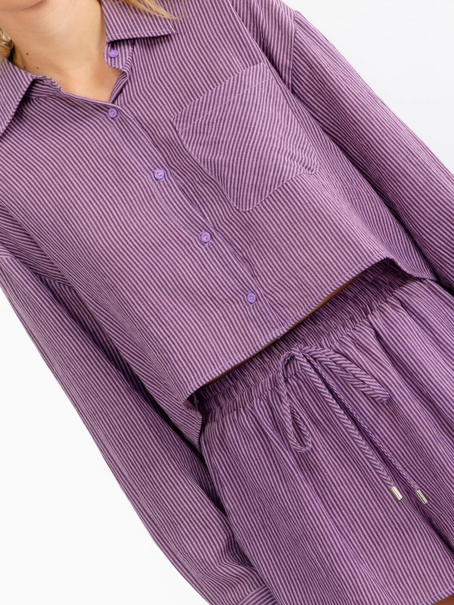 PURPLE STRIPED LONG SLEEVE BLOUSE & ELASTIC WAIST MINI SHORTS  2PC. SET