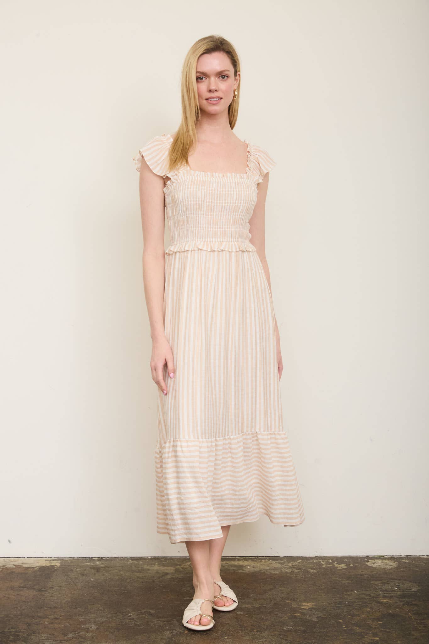 PLUS BLUE AND WHITE STRIPED SMOCKED RUFFLE TRIM MIDI DRESS