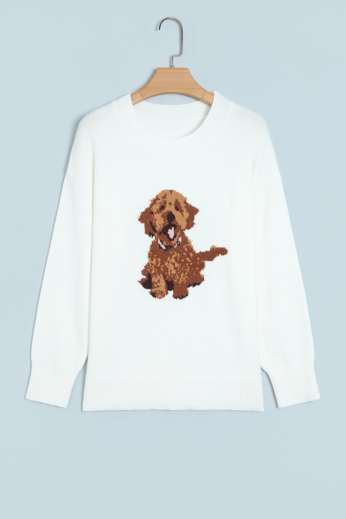 White Cozy Dog Print Dropped Shoulder Relaxed Sweater