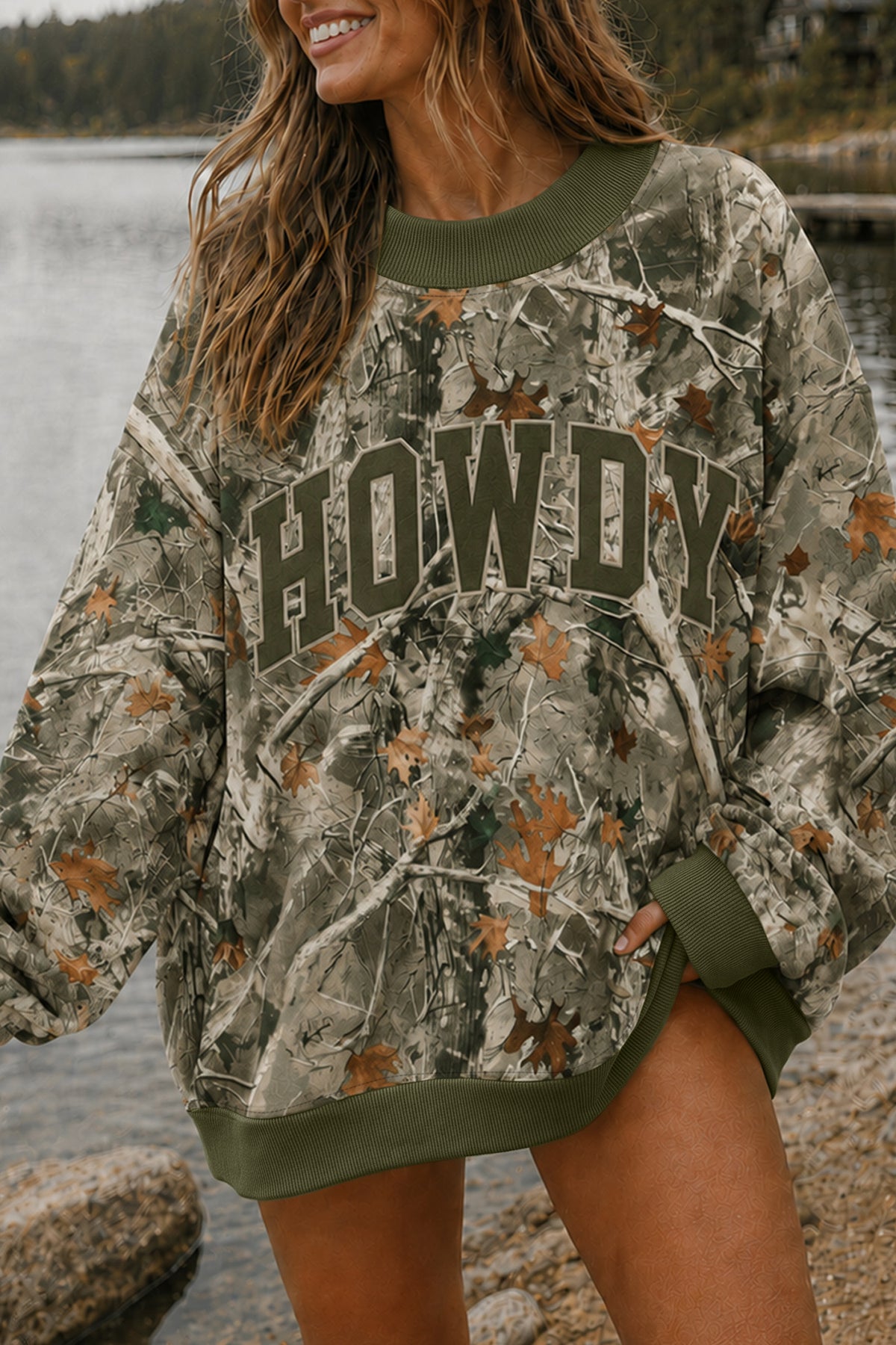 Gray Western Camo Letter Print Baggy Pullover Sweatshirt