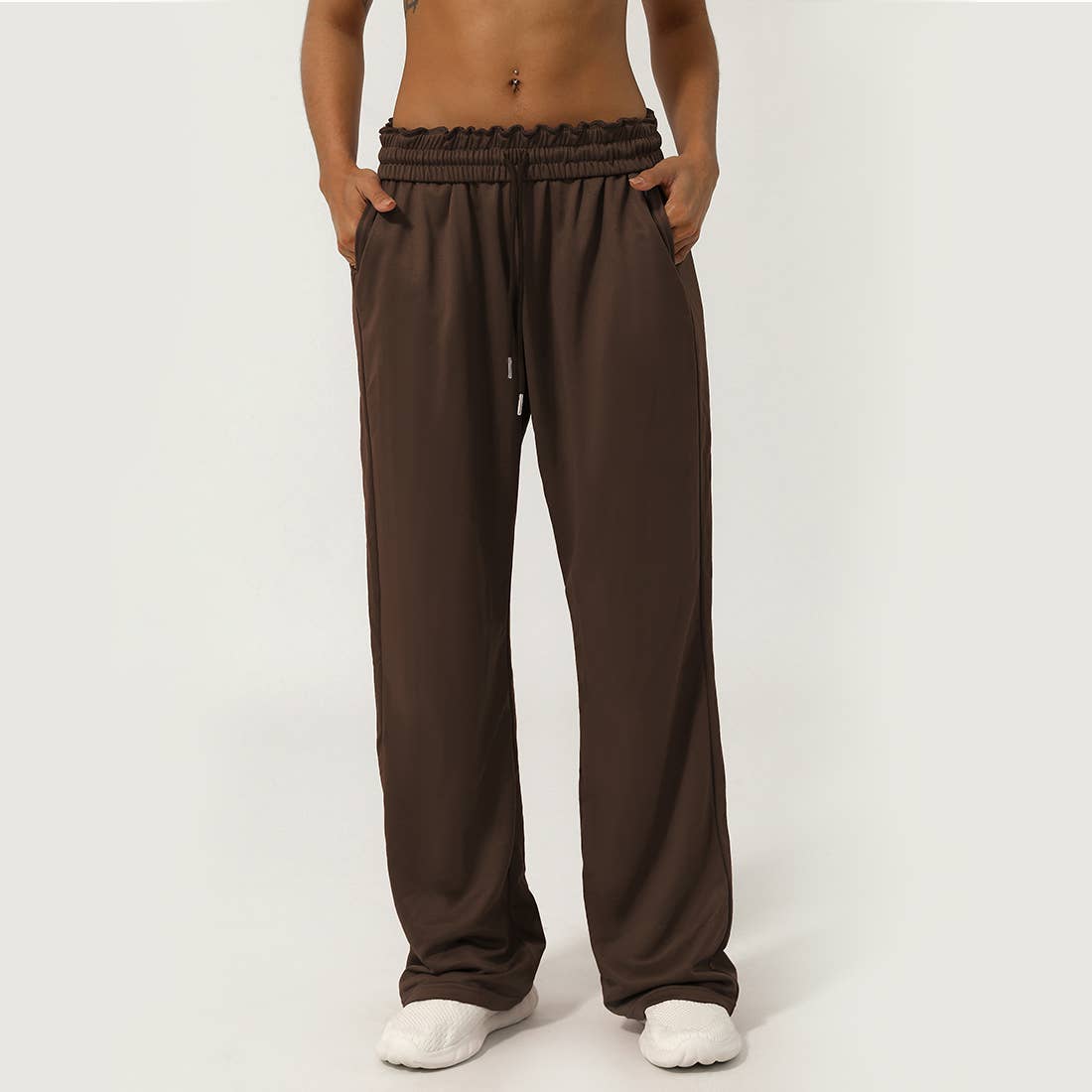 Women Waistband Drawstring Loose Sport Running Sweatpants: Brown / S