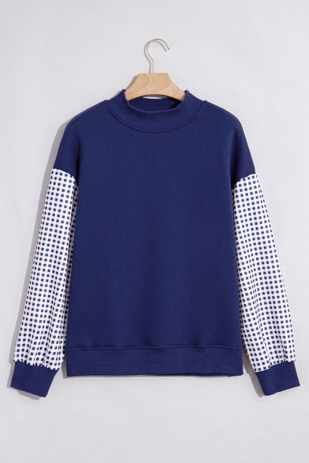 Navy Blue Plaid Sleeve Colorblock Loose Tunic Sweatshirt
