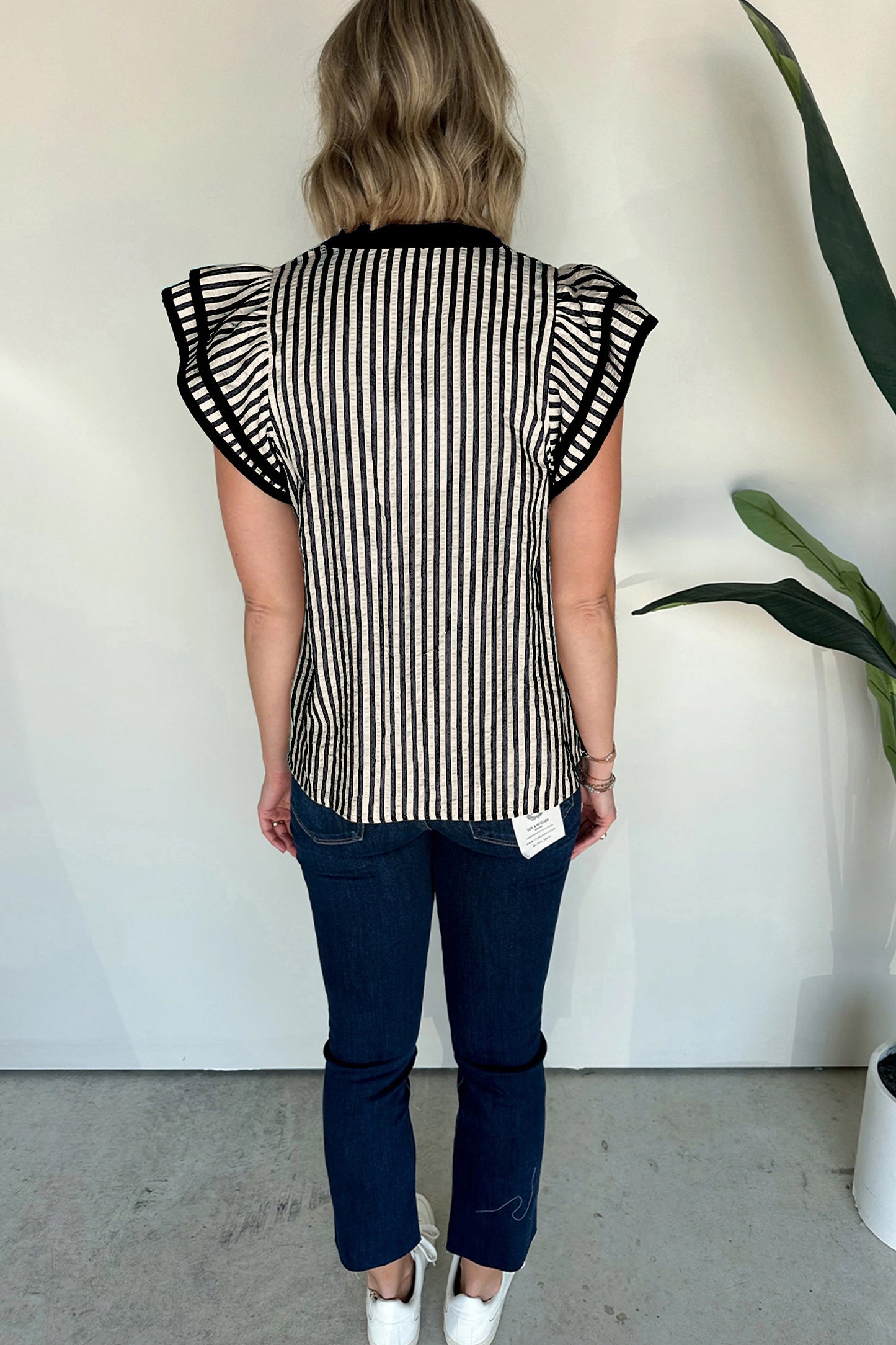 Black Stripe Double Ruffled Short Sleeve V Neck Blouse