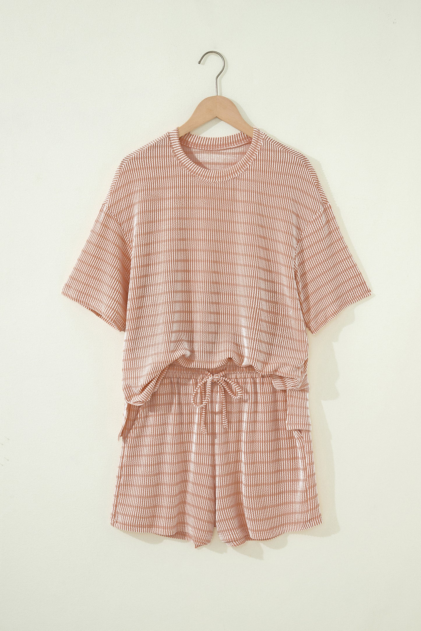 Sky Blue Stripe Raised Rib Loose Tee Drawstring Elastic Waist 2pcs Short Set