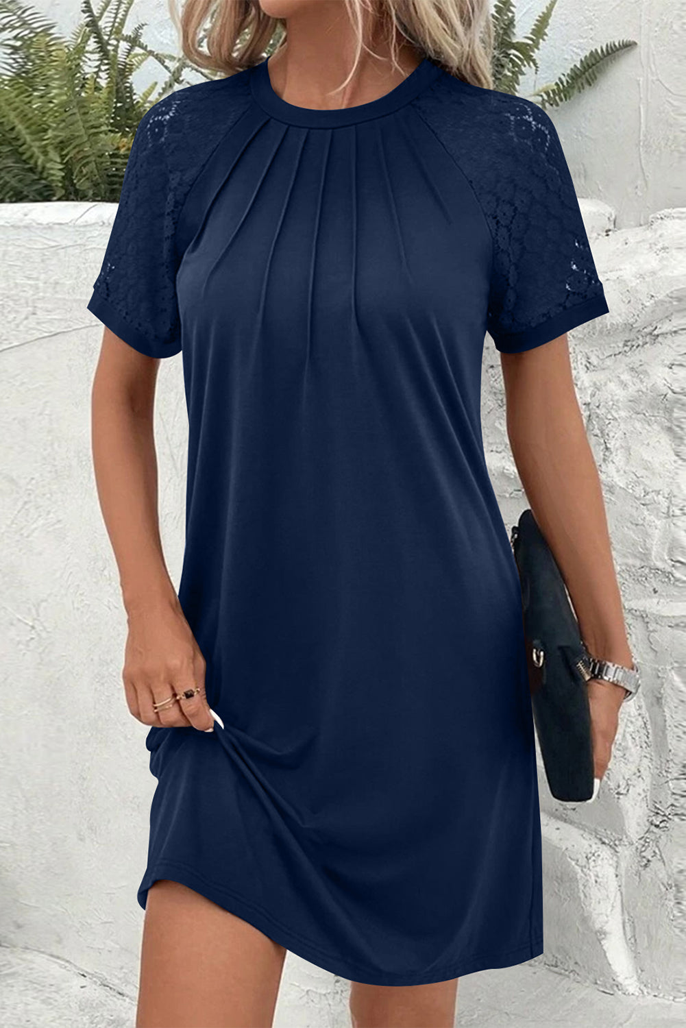 Dark Brown Contrast Lace Raglan Sleeve Pleated Detail Shift Dress