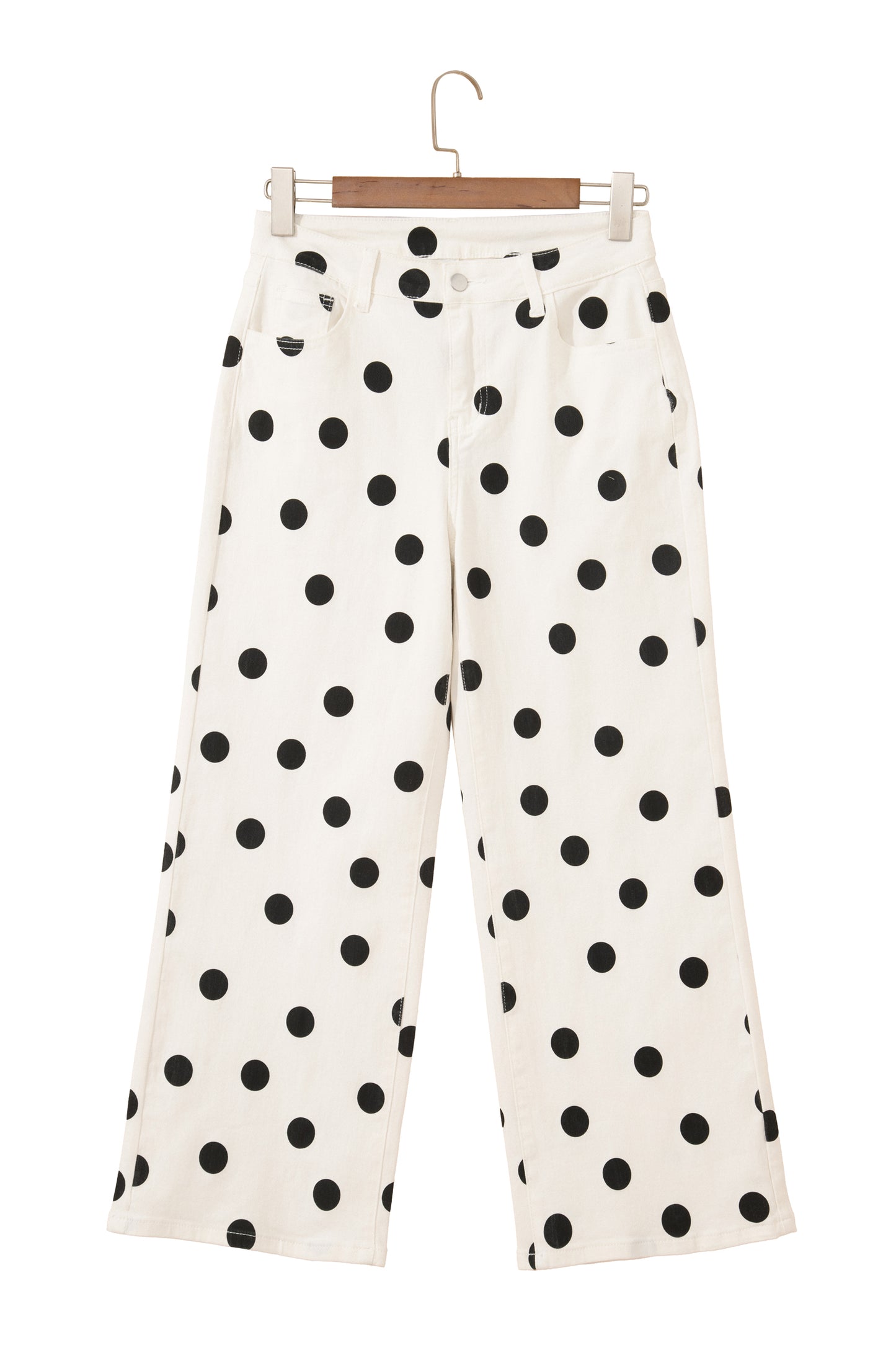 White Polka Dot Print Wide Leg Ankle-Length Jeans