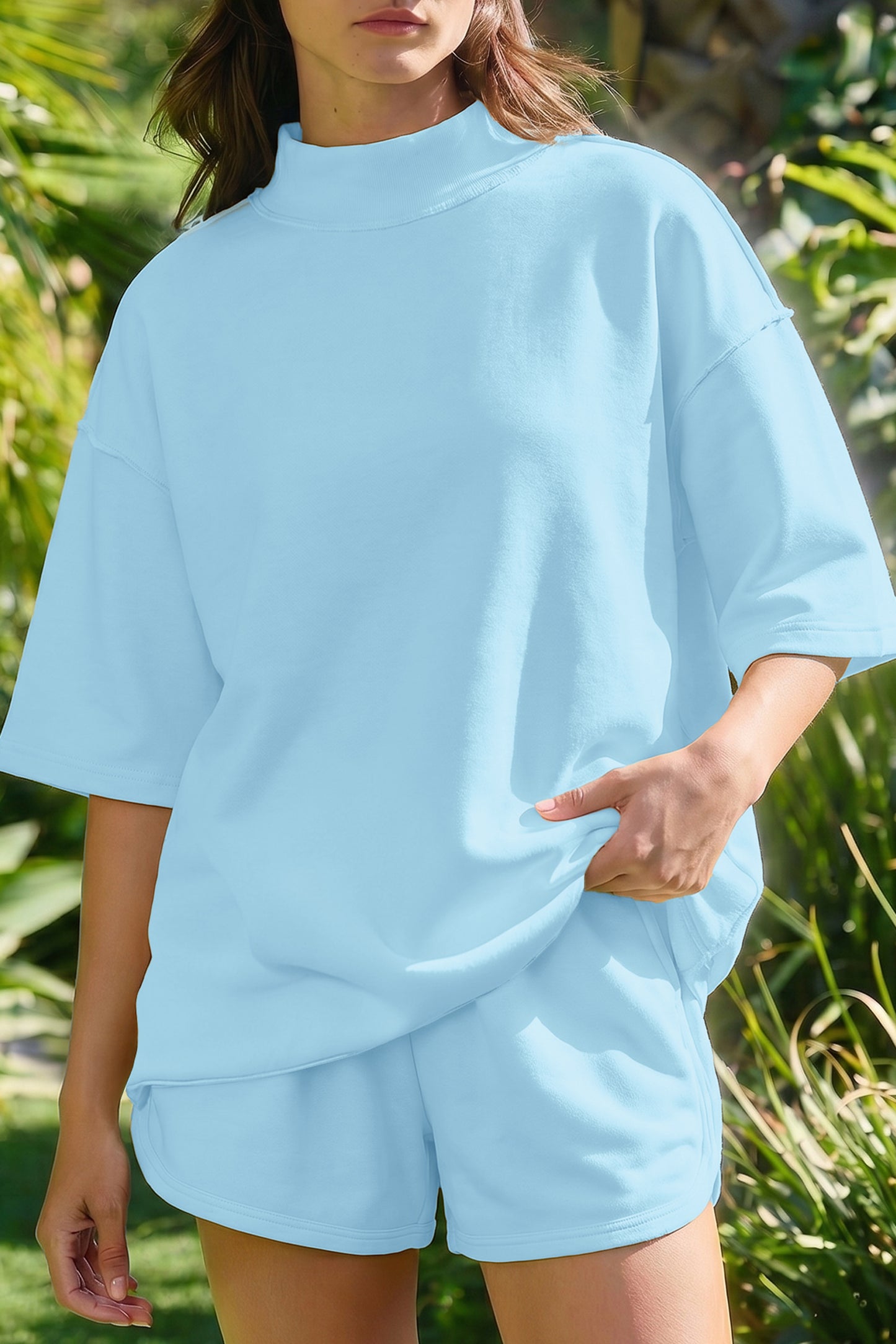 Moonlight Jade Solid Color Exposed Seam Mock Neck Oversize Tee Casual Shorts 2pcs Outfit