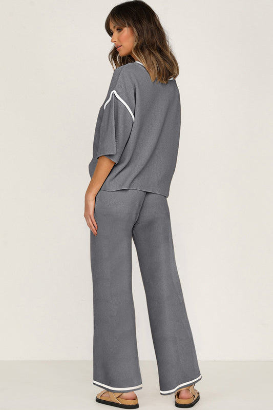 Medium Grey Contrast Trim Half Sleeve Top Drawstring Pants Loose 2pcs Sweater Suit