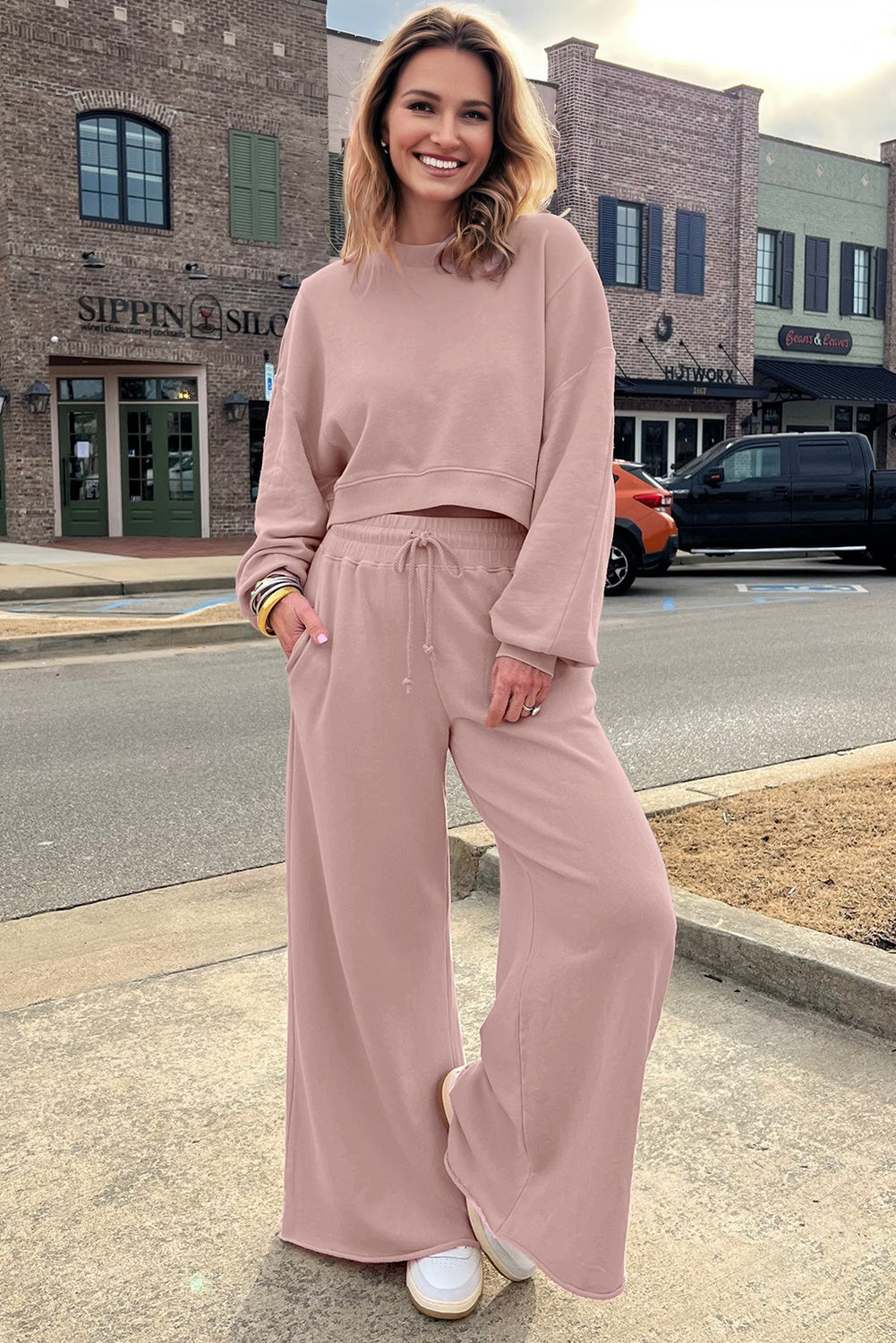 Mist Blue Drop Shoulder Puff Sleeve Crop Pullover Drawstring Wide Leg Pants Set