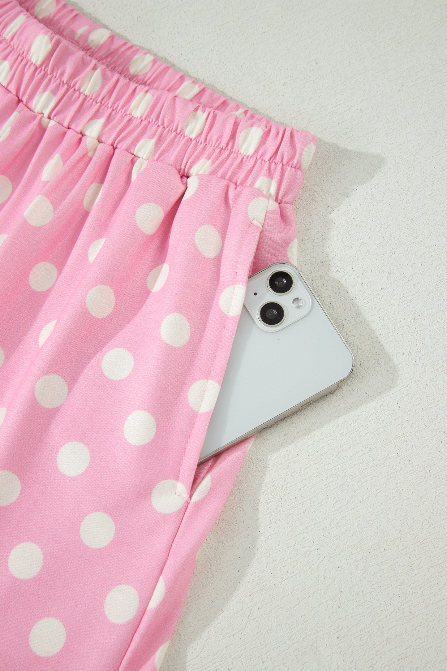 Pink Polka Dot Print Color Block Trim Mock Neck Short Set