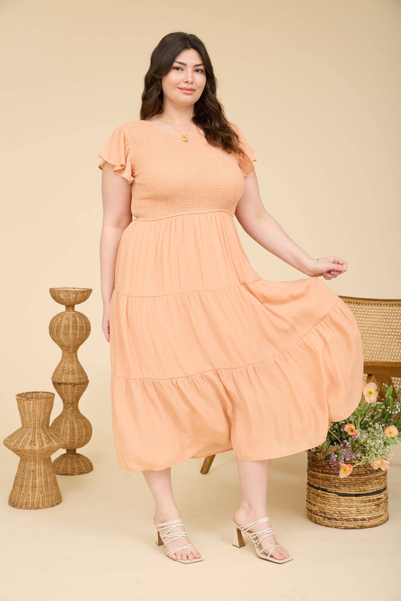 PLUS TIERED SMOCKED SHORT SLEEVE MIDI DRESS