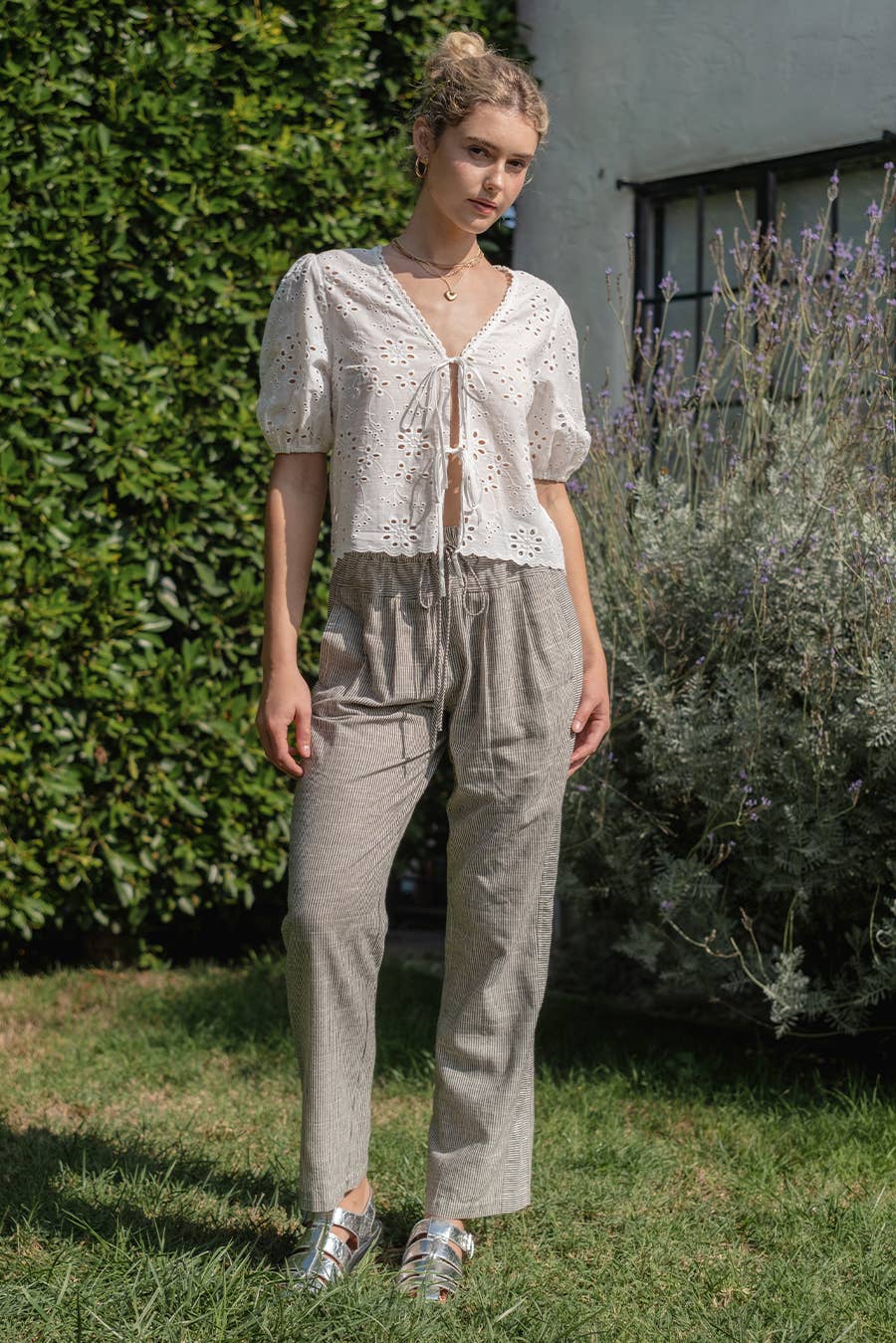 Off-White Eyelet Tie Front Top