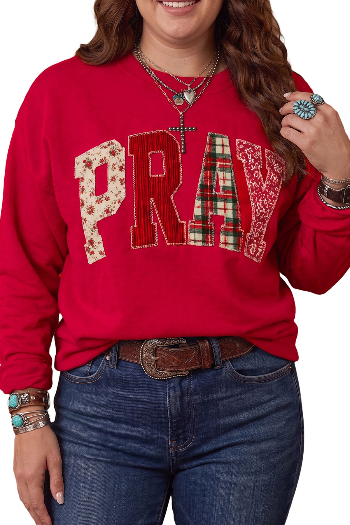 Gray PRAY Letter Patchwork Round Neck Long Sleeve Plus Size Sweatshirt