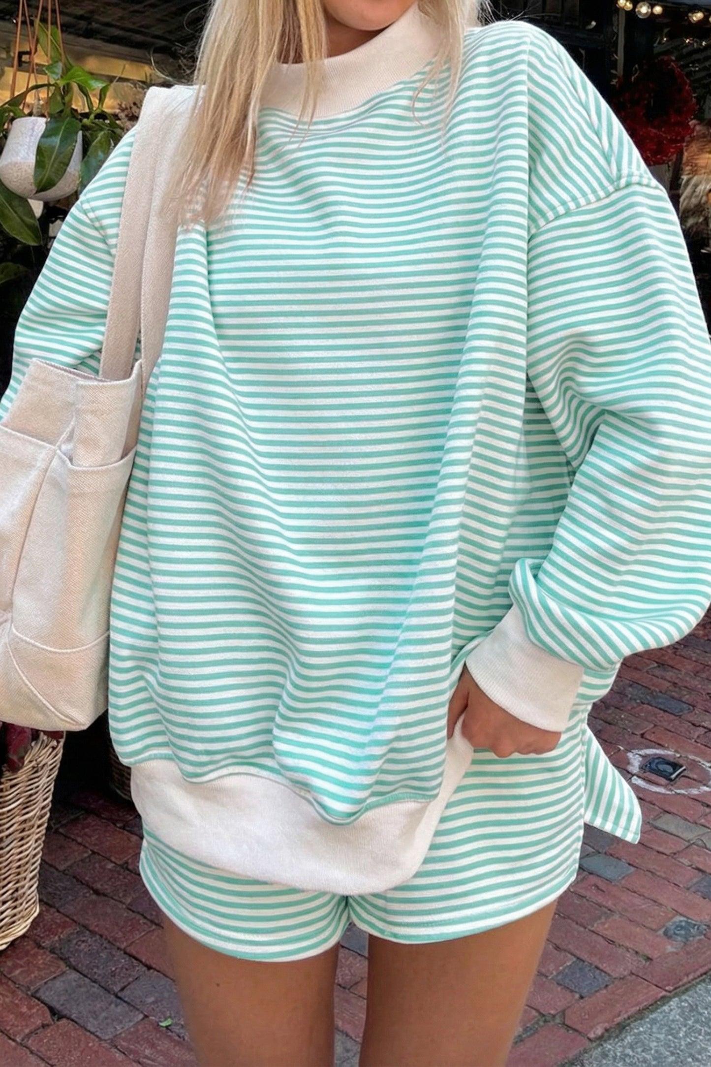 Oversize Striped Mock Neck Sweatshirt and Shorts Set