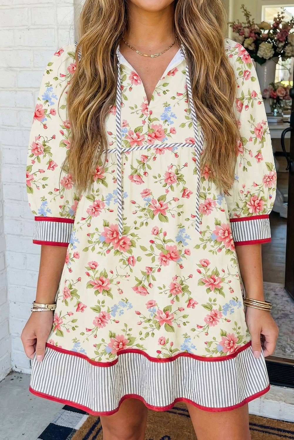 Vintage Floral with Striped Edge 3/4 Puff Sleeve Floral Dress (S-XL)