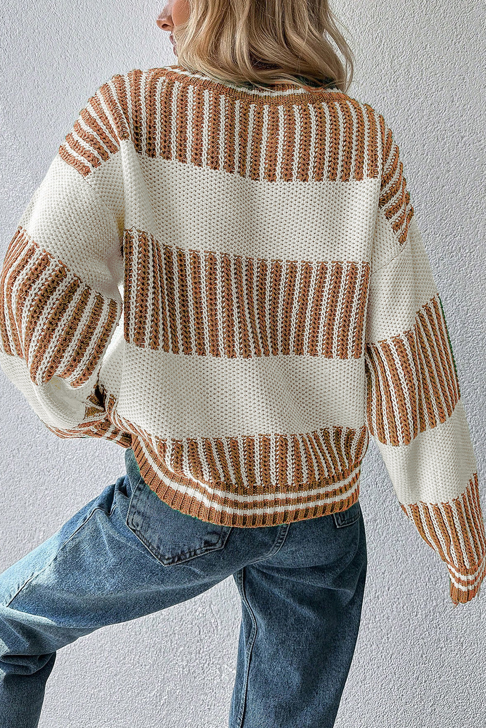 Khaki Two Tone Striped Patchwork Drop Shoulder Loose Sweater