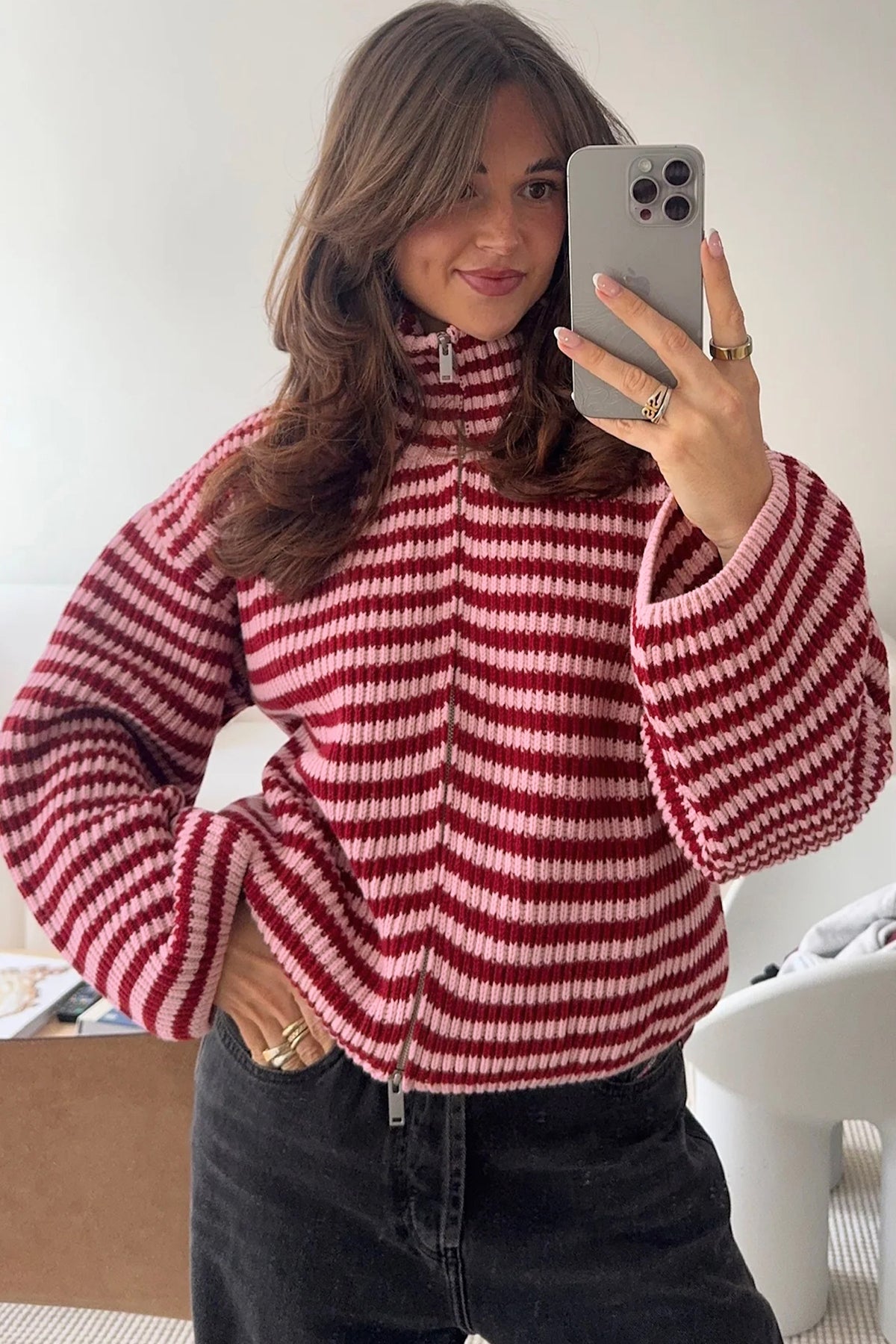 Red Stripe Zip Up Sweater