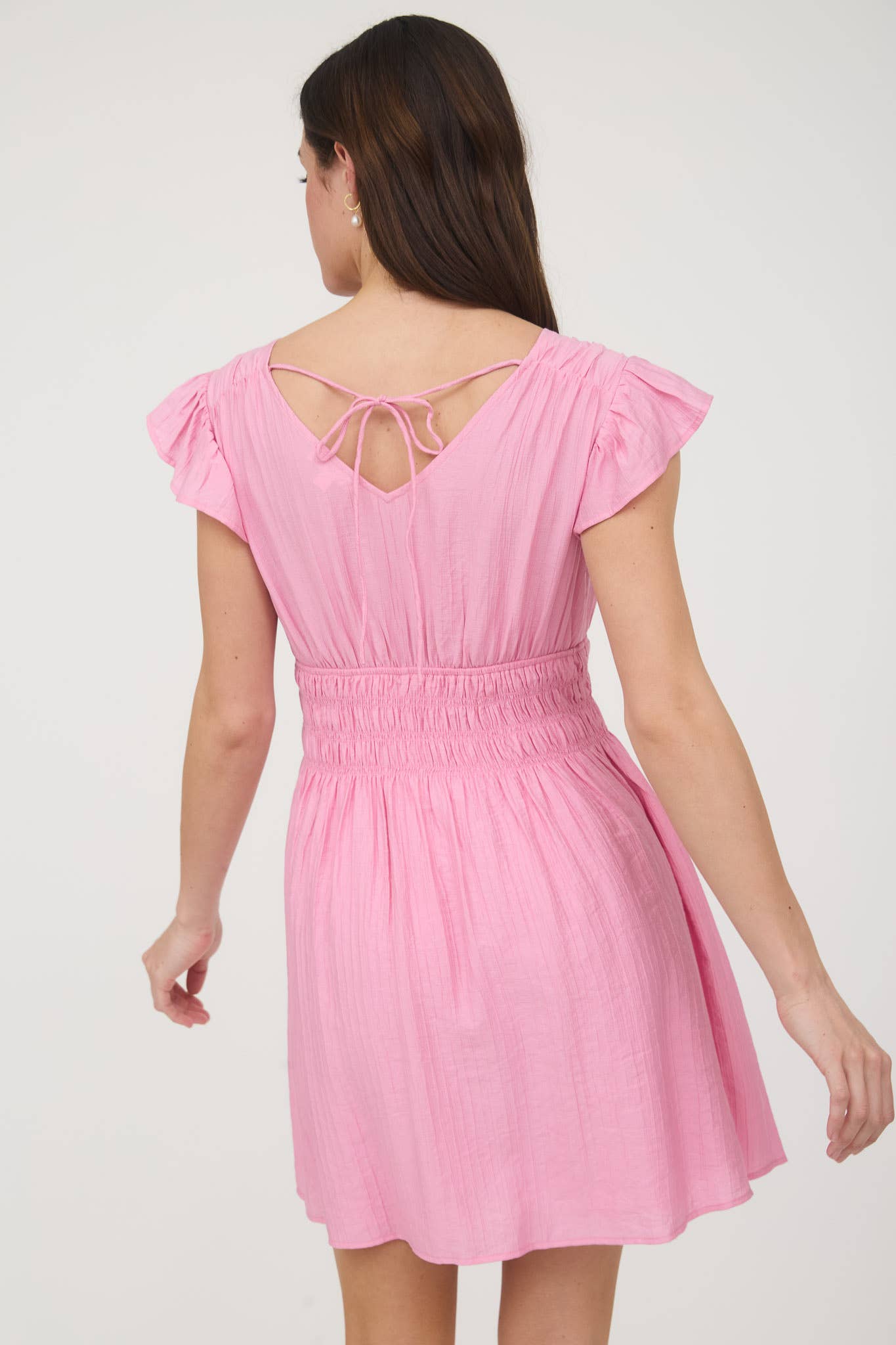 V NECK SHIRRED WAIST RUFFLE SLEEVE MINI DRESS